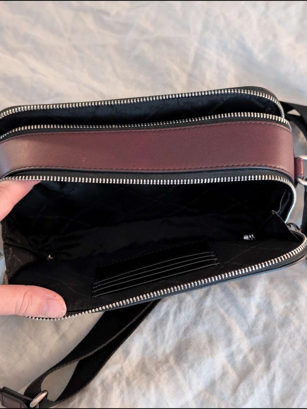 Michael Kors Men's MK Raised Logo Burgandy Burnished Leather Crossbody Bag - Picture 9 of 14